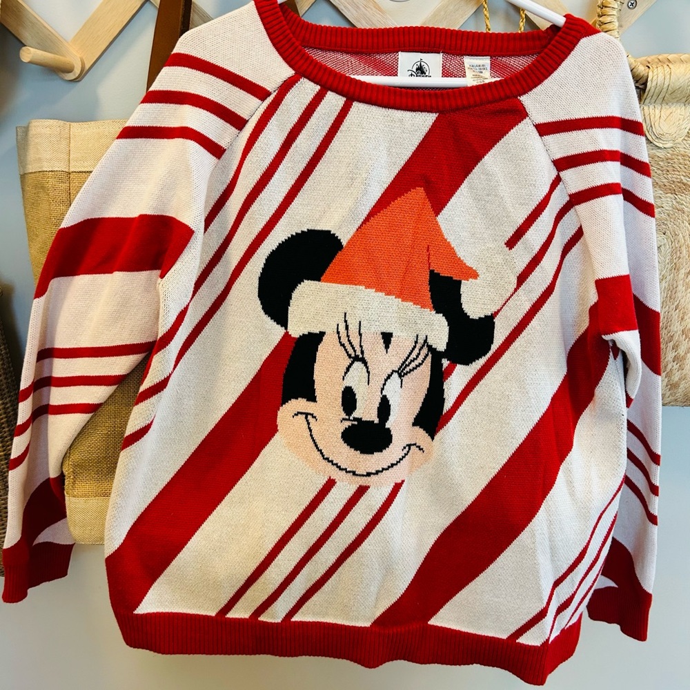 Walt Disney World  Candy Cane Christmas Striped Minnie Mouse Sweater Sz Large